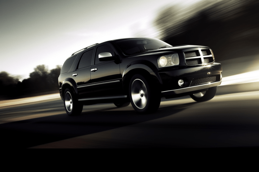 sleek, black 2005 Dodge Durango 5.7 Hemi Supercharger, its engine roaring, tires spinning, and chrome detailing sparkling in the light