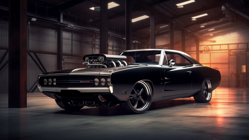 a sleek, black 5.7 Hemi with a supercharger attached. Show the car parked in front of a garage with an open hood, displaying the powerful engine